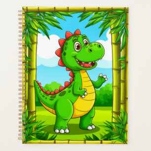 Fröhlicher Cartoon Dinosaurier in Bambusrahmen Planer
