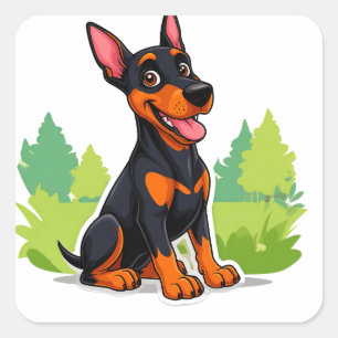 Fröhlicher Cartoon Doberman im Freien Quadratischer Aufkleber