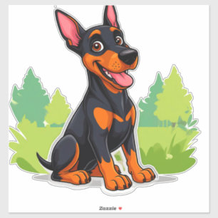 Fröhlicher Cartoon-Dobermann sitzt im Freien Aufkleber
