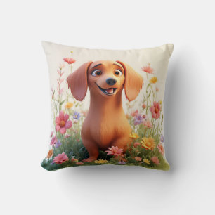Fröhlicher Cartoon-Hund auf einem Blumenfeld Kissen