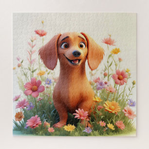 Fröhlicher Cartoon-Hund auf einem Blumenfeld Puzzle