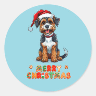 Fröhlicher Cartoon-Hund mit Weihnachtsmannmütze Runder Aufkleber