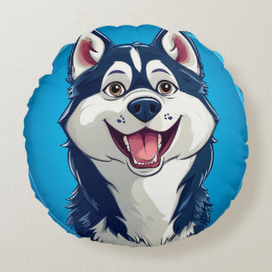 Fröhlicher Cartoon Husky Hund  Rundes Kissen
