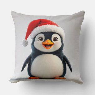 Fröhlicher Cartoon-Pinguin mit Weihnachtsmannmütze Kissen