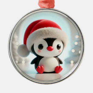 Fröhlicher Cartoon-Pinguin mit Weihnachtsmannmütze Ornament Aus Metall