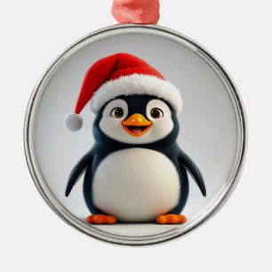 Fröhlicher Cartoon-Pinguin mit Weihnachtsmannmütze Ornament Aus Metall