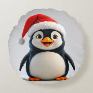 Fröhlicher Cartoon-Pinguin mit Weihnachtsmannmütze Rundes Kissen