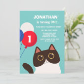 Fröhlicher Cat Party Ballon Kindergeburtstag Einladung (Stehend Vorderseite)