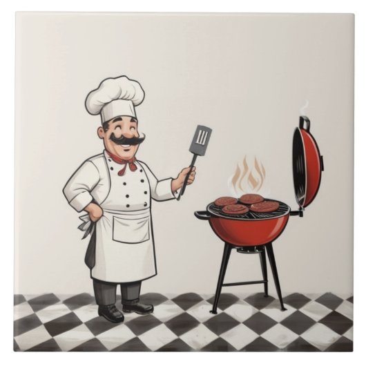 Fröhlicher Chef Burger: Koch grillt Hamburger auf Fliese (Vorderseite)
