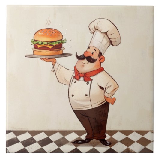 Fröhlicher Chef Burger: Koch präsentiert Hamburger Fliese (Vorderseite)