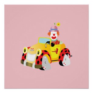 Fröhlicher Clown fährt ein skurriles gelbes Auto Poster