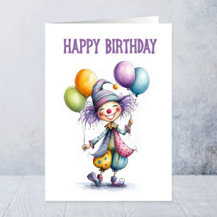 Fröhlicher Clown hält Luftballons zum Geburtstag Karte
