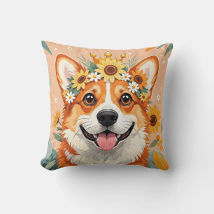 Fröhlicher Corgi-Hund mit Kranz aus Gänseblümchen  Kissen