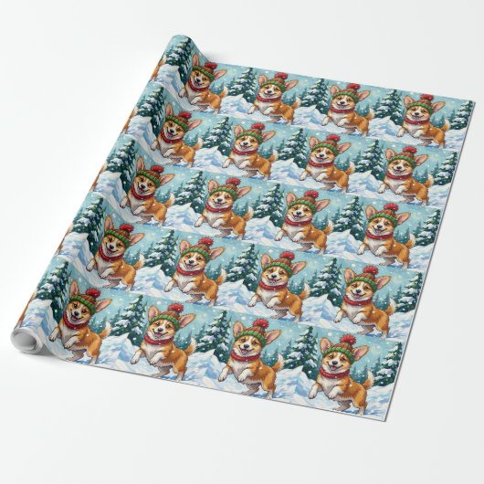 Fröhlicher Corgi-Hund springt im Schnee mit Pom-Po Geschenkpapier (Ungerollt)