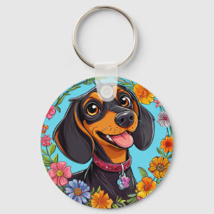 Fröhlicher Dachshund blüht Garten jeden Tag Charme Schlüsselanhänger
