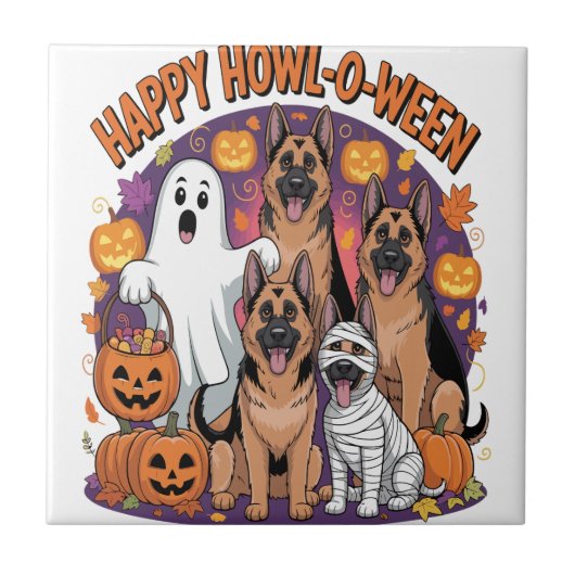 Fröhlicher Deutscher Schäferhund Halloween Fliese (Vorderseite)
