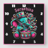 Fröhlicher Elefant trommelt im Zirkus Quadratische Wanduhr (Vorderseite)