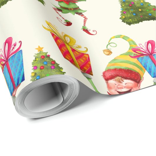 Fröhlicher Elf Geschenk rund um einen Weihnachtsba Geschenkpapier (Rolleneckpunkt)
