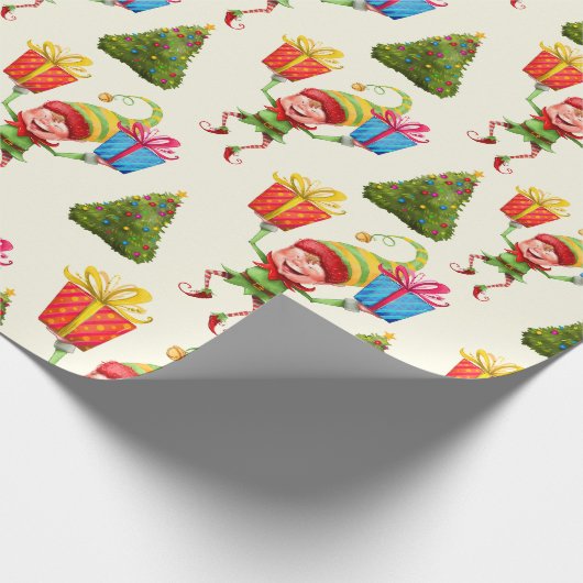 Fröhlicher Elf Geschenk rund um einen Weihnachtsba Geschenkpapier (Ecke)