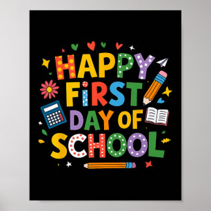 Fröhlicher erster Schultag Bleistift Lehrer Kinder Poster