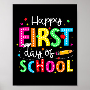 Fröhlicher erster Schultag Bleistift Lehrer Kinder Poster