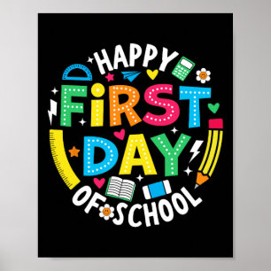 Fröhlicher erster Schultag Bleistift Lehrer Kinder Poster