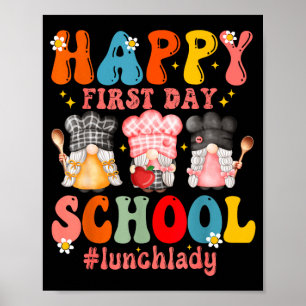 Fröhlicher erster Schultag Kantinenmitarbeiter Mit Poster