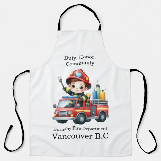 Fröhlicher Feuerwehrmann, der einen farbenfrohen F Schürze (Vorderseite)