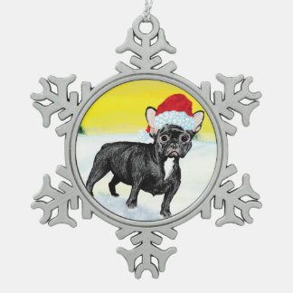 fröhlicher französischer Bulldogge Schneeflocken Zinn-Ornament