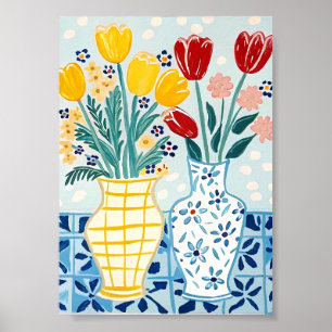 Fröhlicher Frühlings-Tulpen & Gänseblümchen Kunstp Poster
