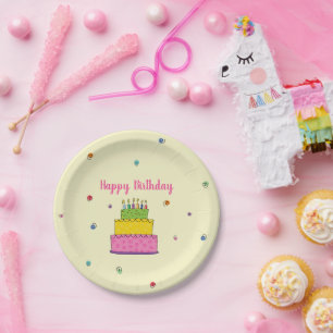 Fröhlicher Geburtstag mit farbenfroher Torte und K Pappteller