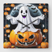 Fröhlicher Geist unter Kürbis zu Halloween Quadratische Wanduhr (Vorderseite)