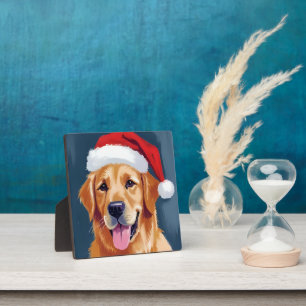 Fröhlicher Golden Retriever   Weihnachtshund mit S Fotoplatte