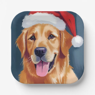 Fröhlicher Golden Retriever   Weihnachtshund mit S Pappteller