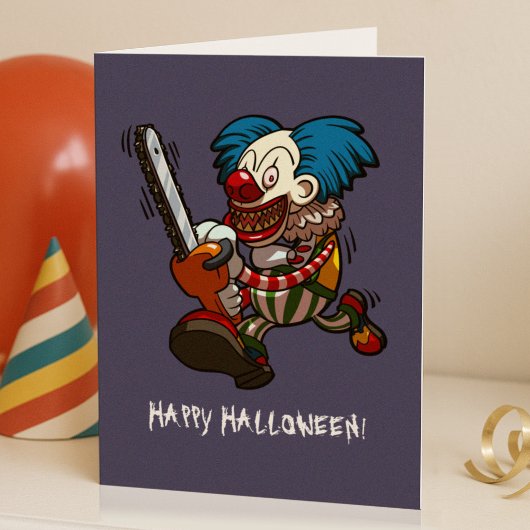 Fröhlicher Halloween farbenfroher Chainsaw Clown-C Karte