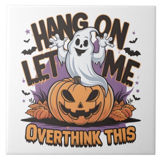 Fröhlicher Halloween-Geist auf einem geschnitzten Fliese (Vorderseite)