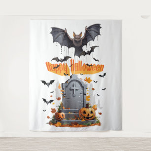Fröhlicher Halloween-Grabstein und Vampirfledermäu Wandteppich