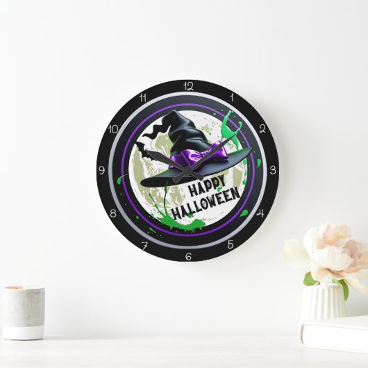 Fröhlicher Halloween Hexenhuthut Spritzer Große Wanduhr (Zuhause)
