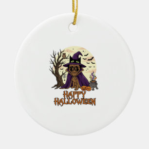 Fröhlicher Halloween-Mops-Henkerhut-Kessel-Kürbiss Keramik Ornament