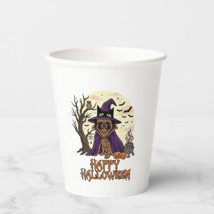 Fröhlicher Halloween-Mops-Henkerhut-Kessel-Kürbiss Pappbecher