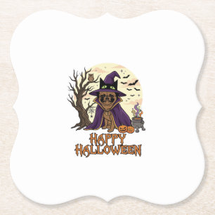 Fröhlicher Halloween-Mops-Henkerhut-Kessel-Kürbiss Untersetzer