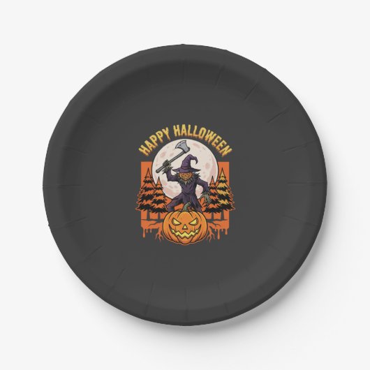 Fröhlicher Halloween-Vogelscheuche-Jack-O-Lantern- Pappteller (Vorderseite)