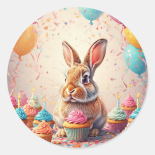 Fröhlicher Hase feiert mit Cupcakes Runder Aufkleber