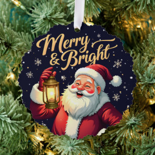 Fröhlicher, heller Santa mit Laterne Illustration Ornament Karte