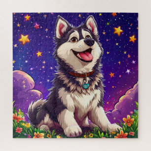 Fröhlicher Husky gegen Sternenhimmel Puzzle
