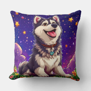 Fröhlicher Husky vor dem Sternenhimmel Kissen