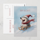 Fröhlicher Igel fährt mit Schlitten hinunter, Weih Postkarte (Vorne/Hinten)