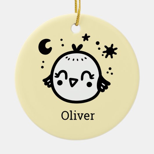 Fröhlicher Kick - Kawaii Bird Line Art" Keramik Ornament (Vorne)