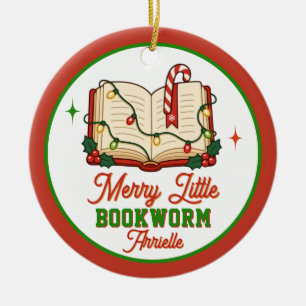Fröhlicher kleiner Bücherwurm liest Weihnachten Keramik Ornament