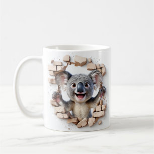 Fröhlicher Koala durchbricht beige Ziegelmauer Kaffeetasse